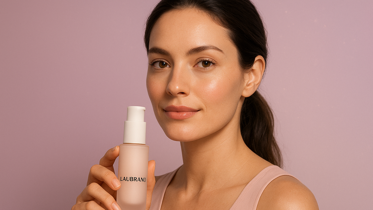 Woman holding a skincare bottle with a pink background
